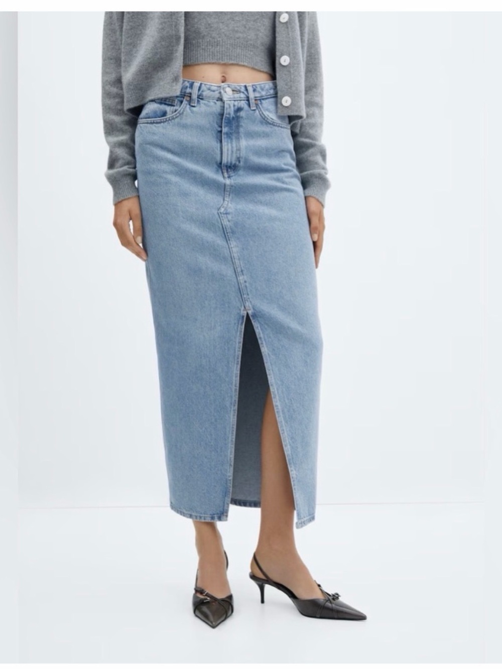 Mango Light Blue Denim Midi Skirt with Center Front Slit
